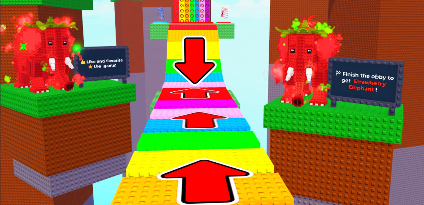 Rainbow obby path with Strawberry Elephant statues