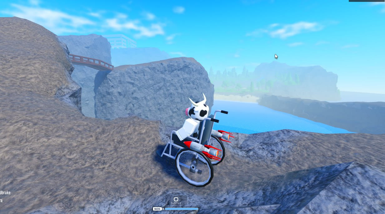 Rocket-powered wheelchair on a cliff with a speed and NOS meter